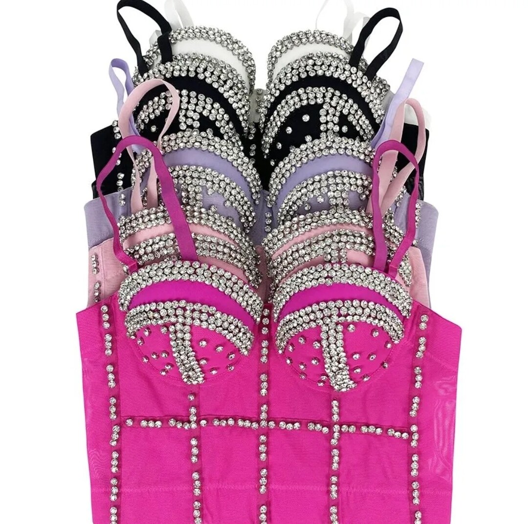 Swarovski Crystal Rhinestone Bling Black Bustier Top