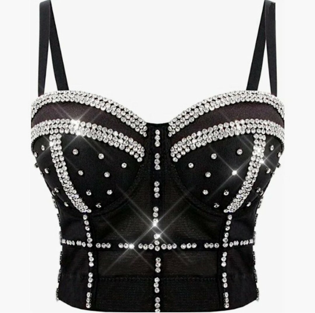 Swarovski Crystal Rhinestone Bling Black Bustier Top