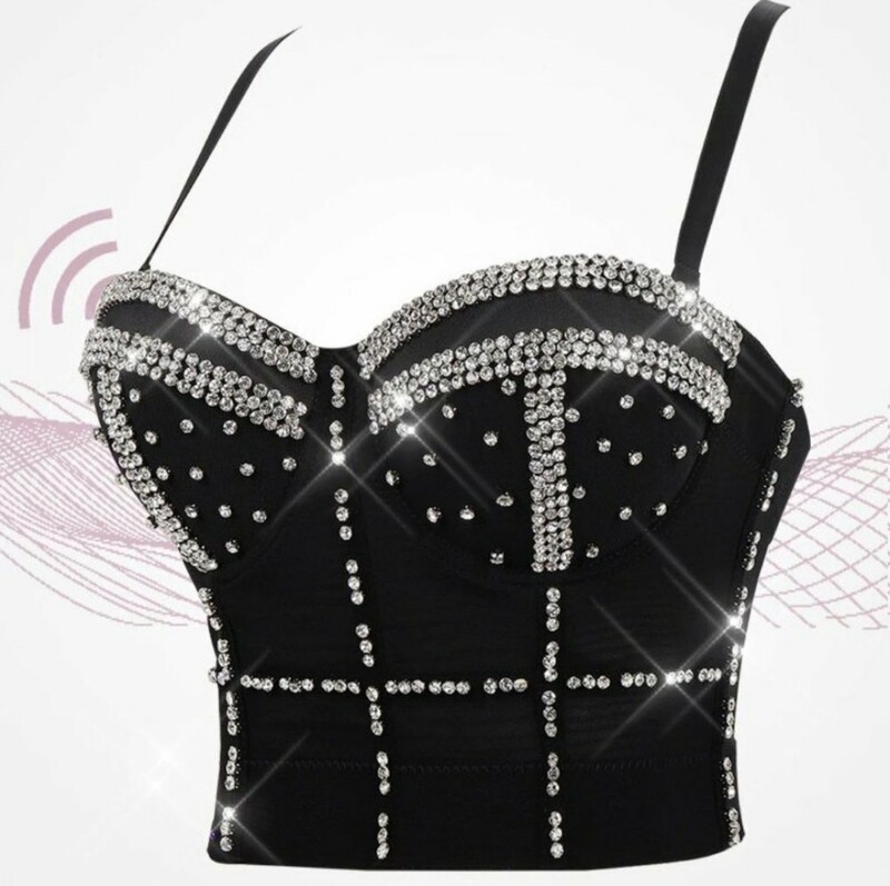 Swarovski Crystal Rhinestone Bling Black Bustier Top