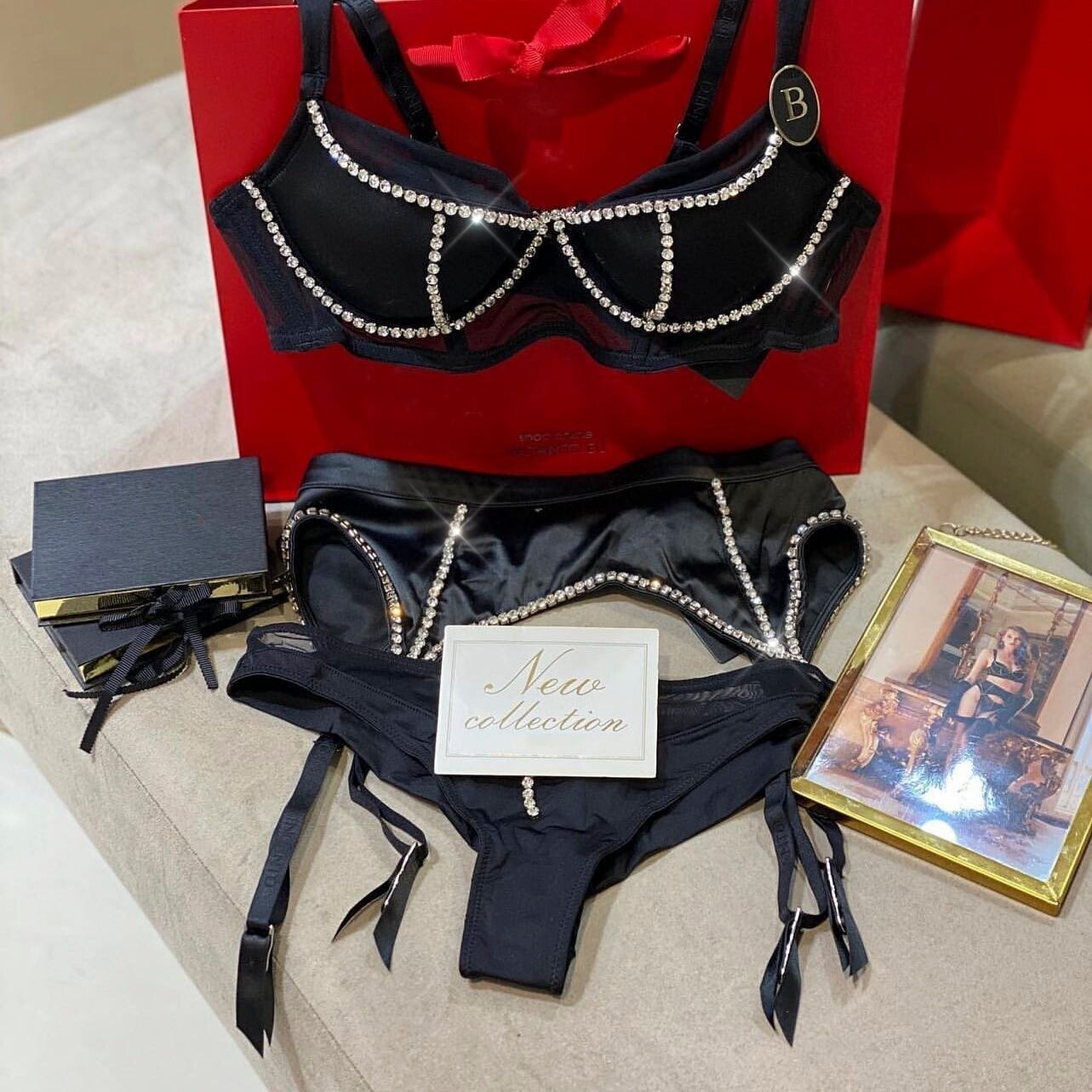 Swarovski Crystal Rhinestone Bling Lingerie Set: Black