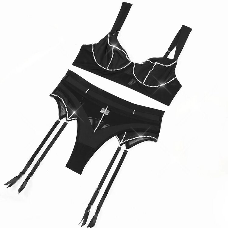 Swarovski Crystal Rhinestone Bling Lingerie Set: Black