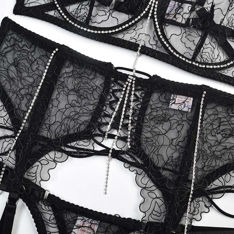 Swarovski Crystal Rhinestone Bling Lingerie Set: Black