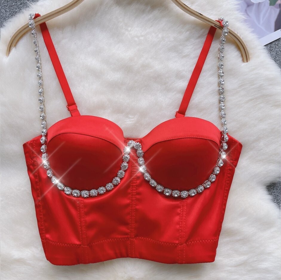 Swarovski Crystal Rhinestone Bling Red Satin Bustier Tops