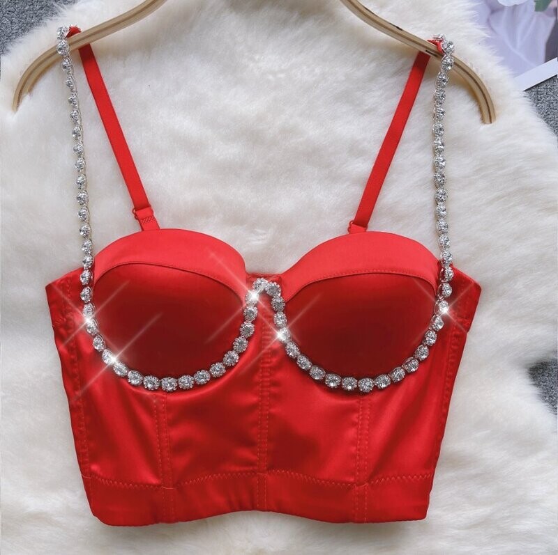 Swarovski Crystal Rhinestone Bling Red Satin Bustier Tops