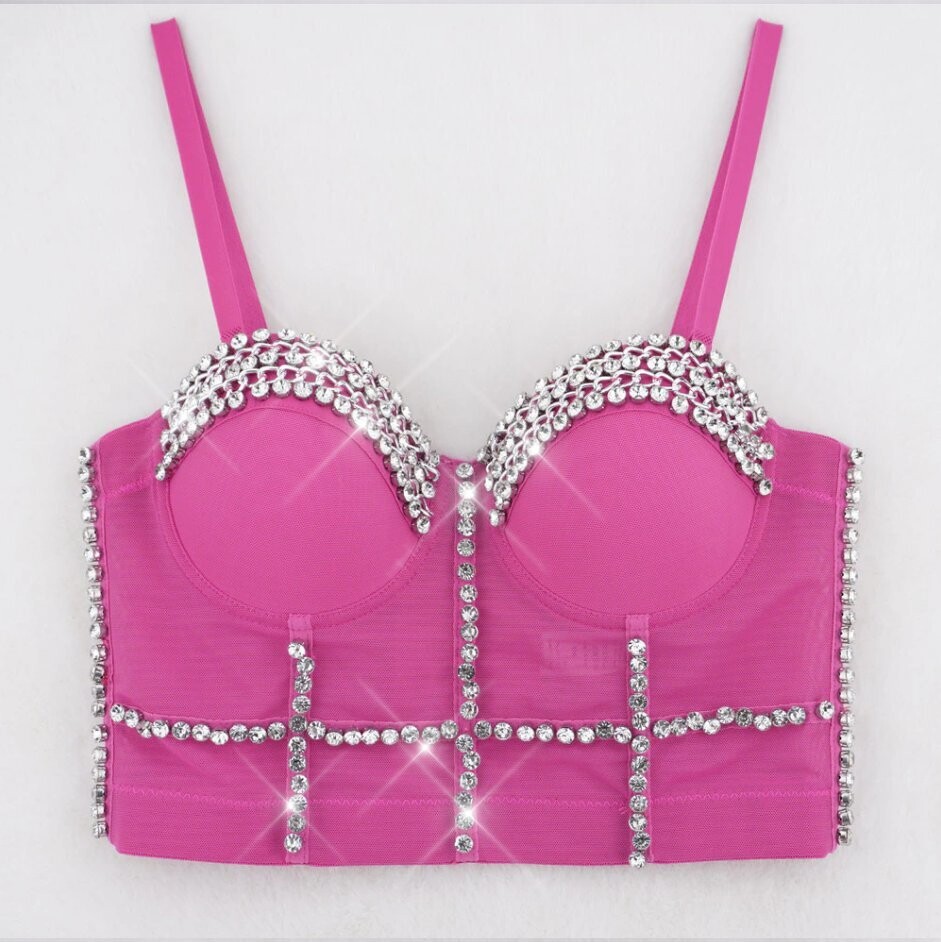 Swarovski Crystal Rhinestone Bling Dark Pink Bustier Top