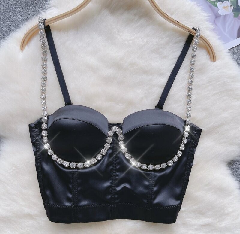 Swarovski Crystal Rhinestone Bling Black Satin Bustier Tops