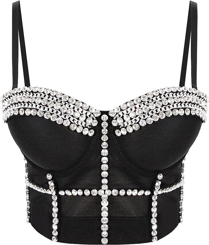 Swarovski Crystal Rhinestone Bling Black Bustier Top