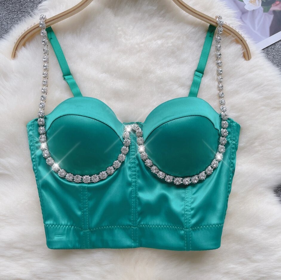 Swarovski Crystal Rhinestone Bling Black Satin Bustier Tops