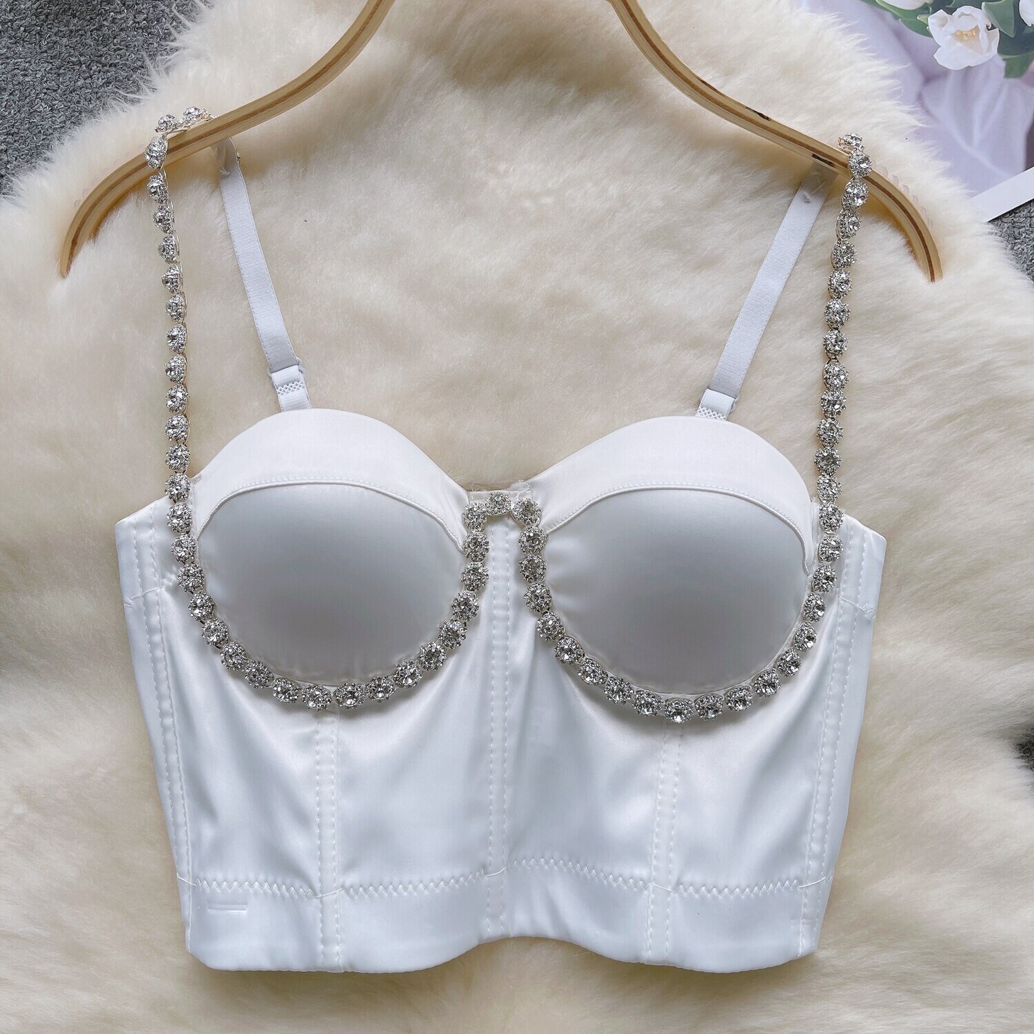 Swarovski Crystal Rhinestone Bling Black Satin Bustier Tops