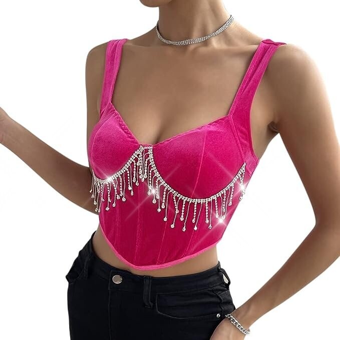 Swarovski Crystal Rhinestone Bling Dark Pink Bustier Top