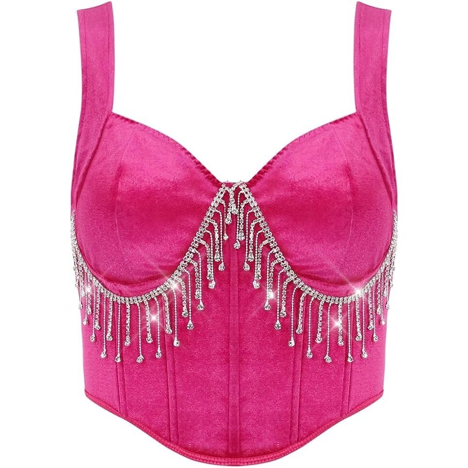 Swarovski Crystal Rhinestone Bling Dark Pink Bustier Top