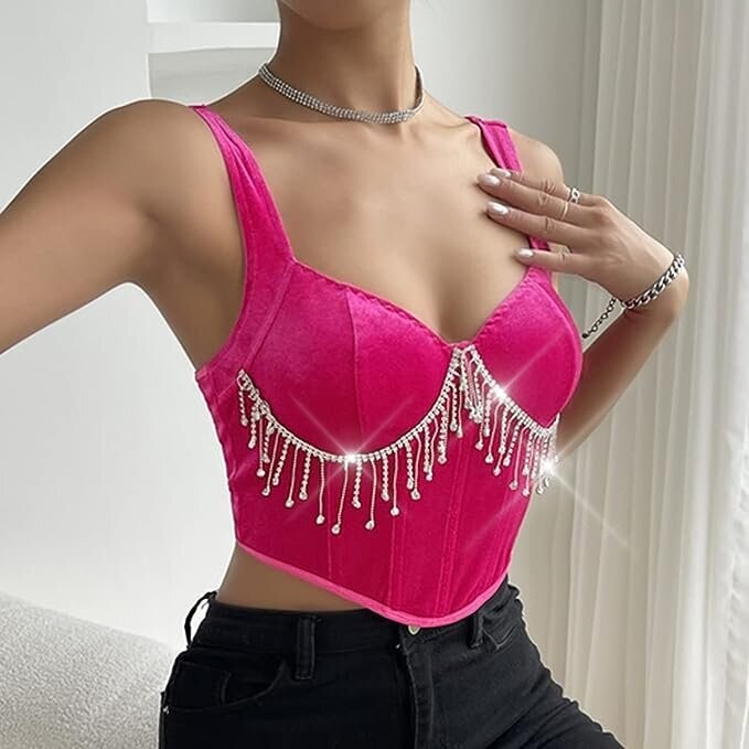 Swarovski Crystal Rhinestone Bling Dark Pink Bustier Top