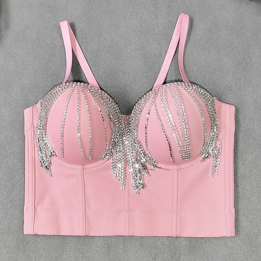Swarovski Crystal Rhinestone Tassel Bling Pink Bustier Tops