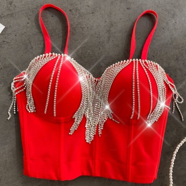 Swarovski Crystal Rhinestone Tassel Bling Red Bustier Top