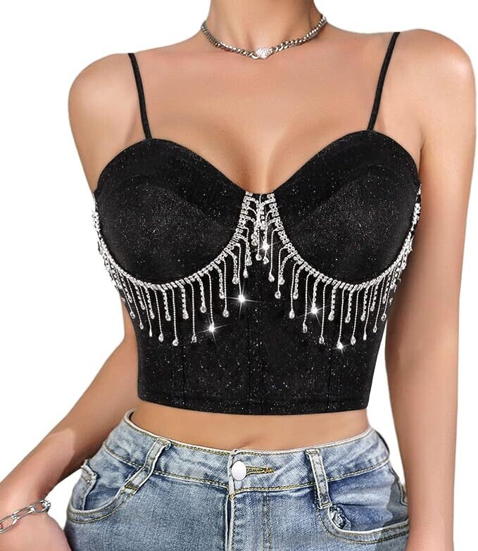 Swarovski Crystal Rhinestone Bling Dark Pink Bustier Top