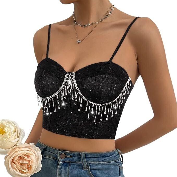 Swarovski Crystal Rhinestone Bling Dark Pink Bustier Top