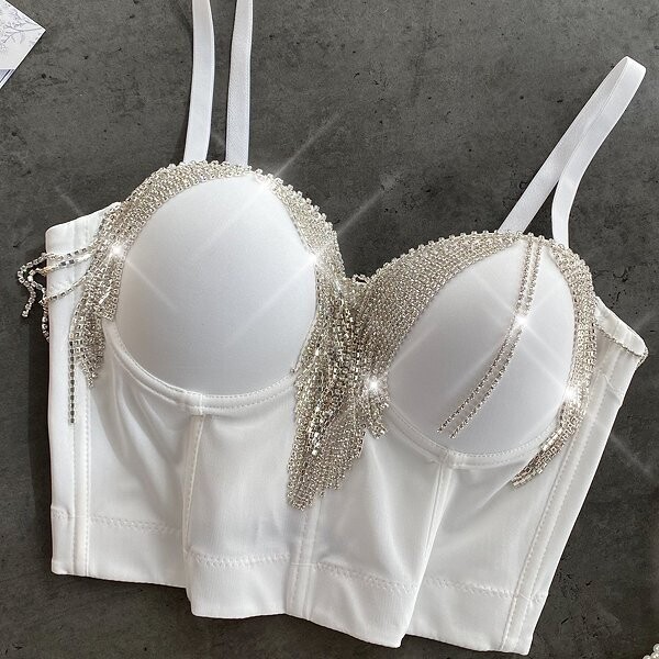 Swarovski Crystal Rhinestone Tassel Bling Pink Bustier Tops