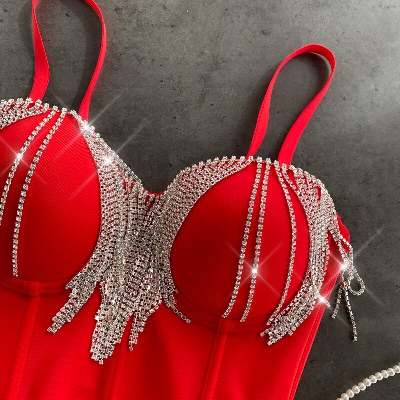 Swarovski Crystal Rhinestone Tassel Bling Bustier Tops