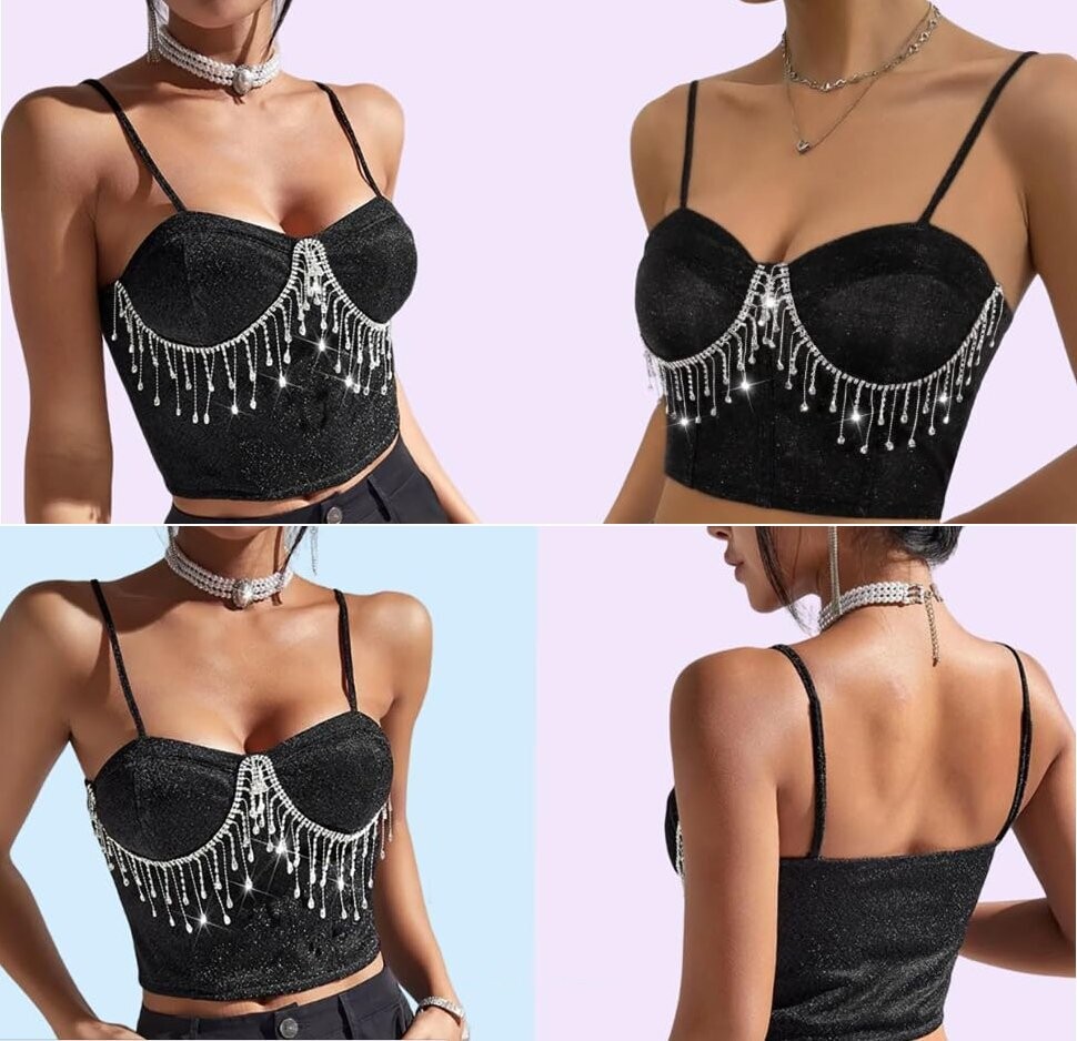 Swarovski Crystal Rhinestone Bling Dark Pink Bustier Top