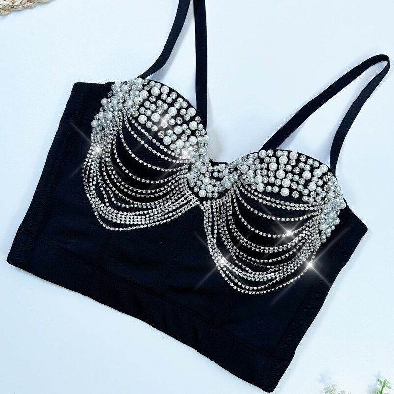 Swarovski Crystal Rhinestone Pearl Bling Black Bustier Top