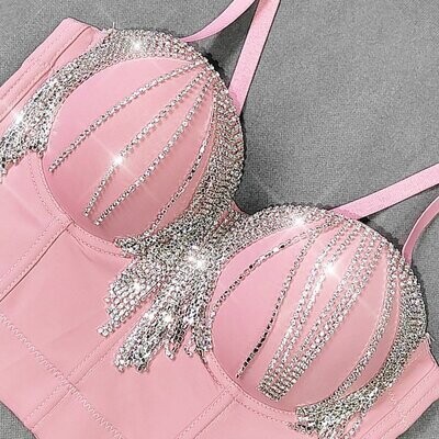 Swarovski Crystal Rhinestone Tassel Bling Pink Bustier Tops