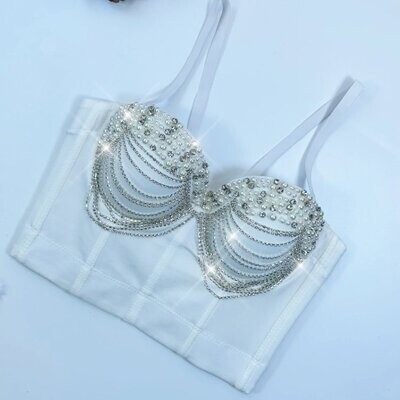 Swarovski Crystal Rhinestone Pearl Bling White Bustier Top