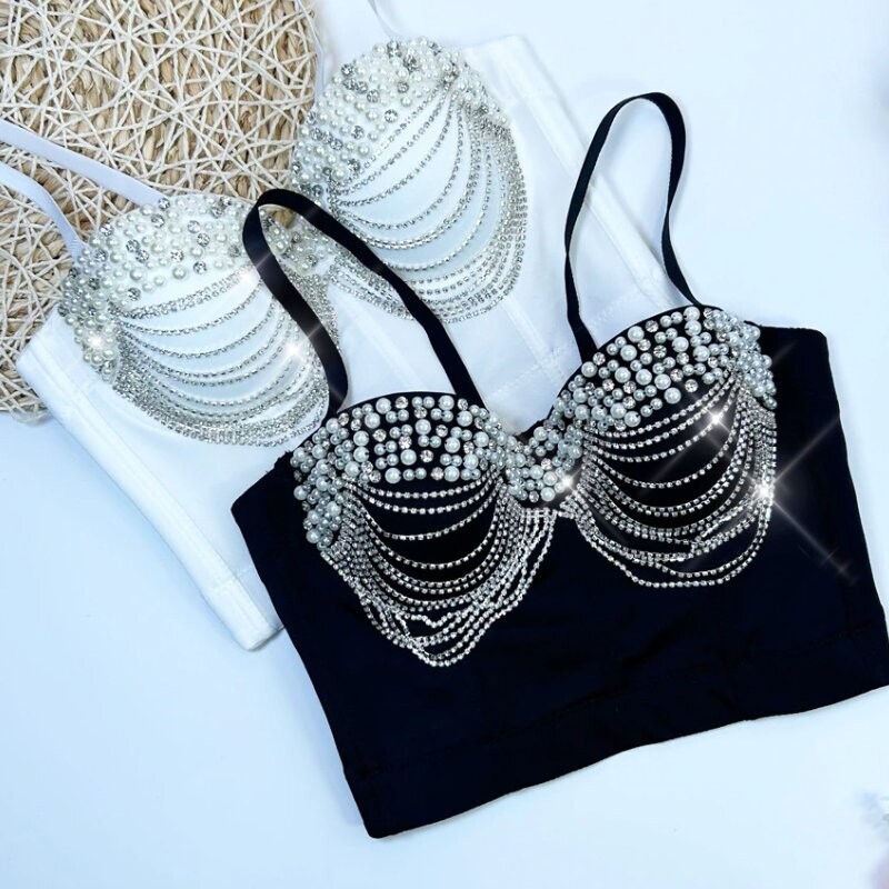 Swarovski Crystal Rhinestone Pearl Bling Black Bustier Top