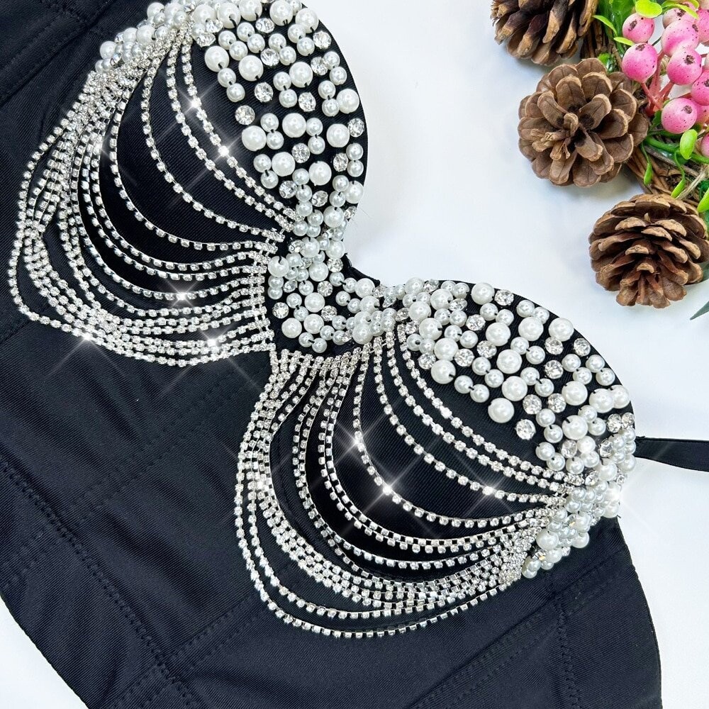 Swarovski Crystal Rhinestone Pearl Bling Black Bustier Top