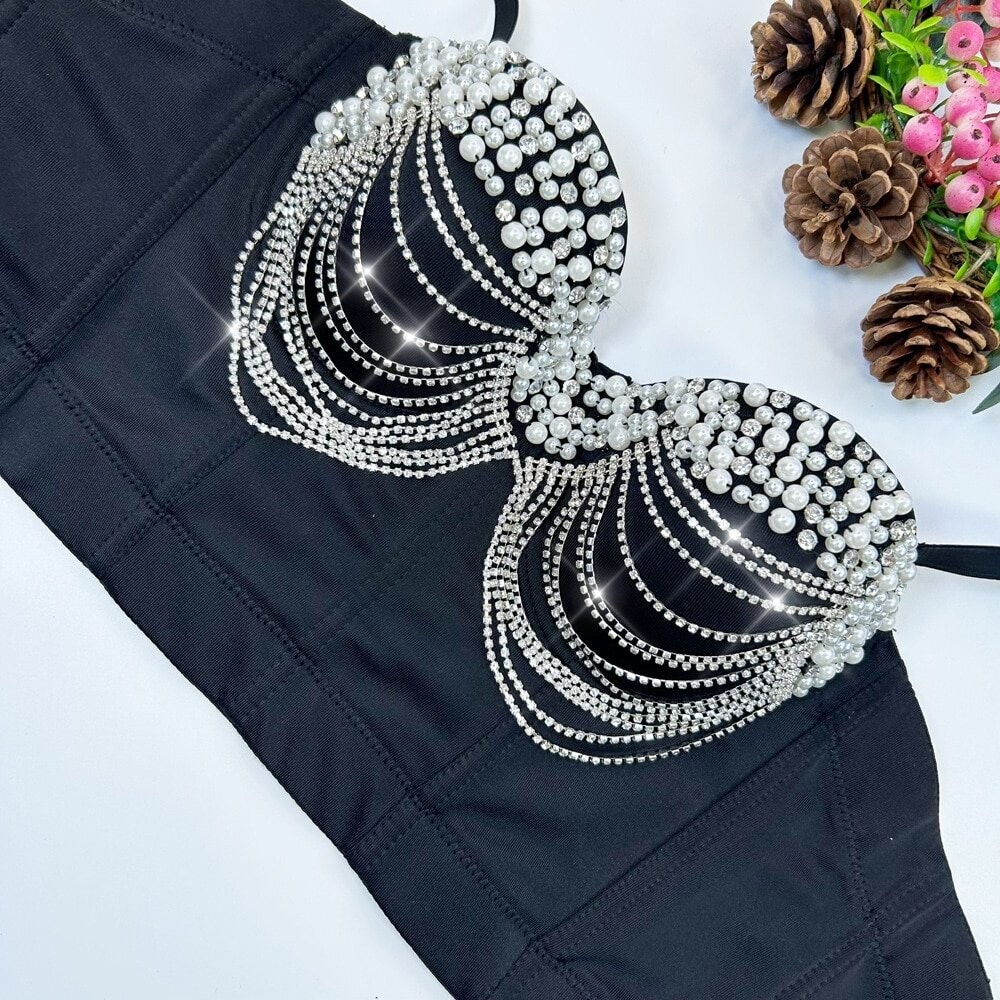 Swarovski Crystal Rhinestone Pearl Bling Black Bustier Top