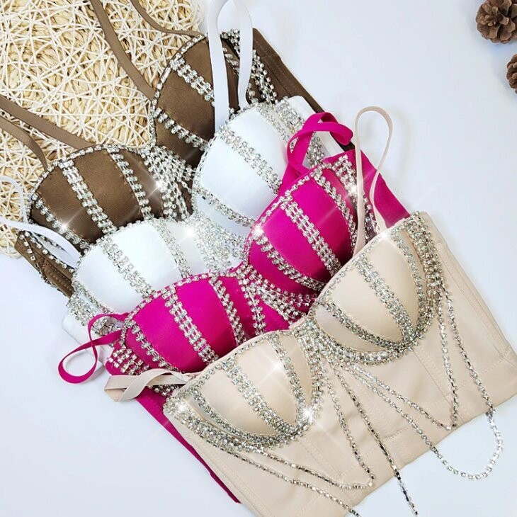 Swarovski Crystal Rhinestone Bling Dark Pink Bustier Top