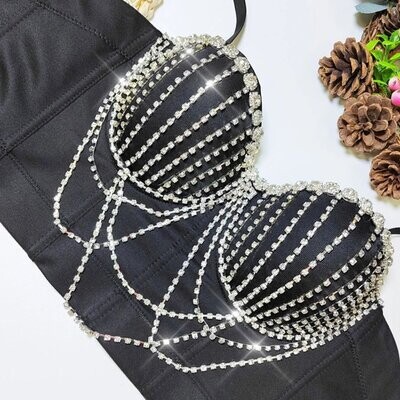 Swarovski Crystal Rhinestone Bling Black Bustier Top