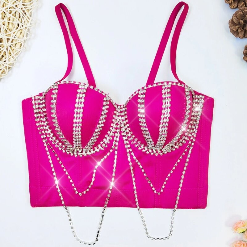 Swarovski Crystal Rhinestone Bling Dark Pink Bustier Top