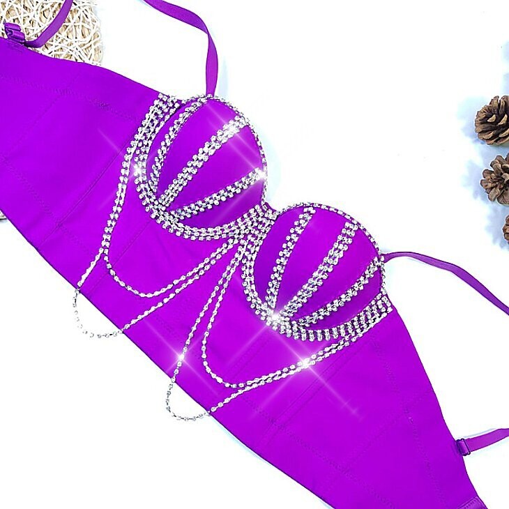Swarovski Crystal Rhinestone Bling Dark Pink Bustier Top