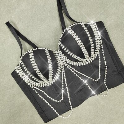 Swarovski Crystal Rhinestone Bling Black Bustier Top