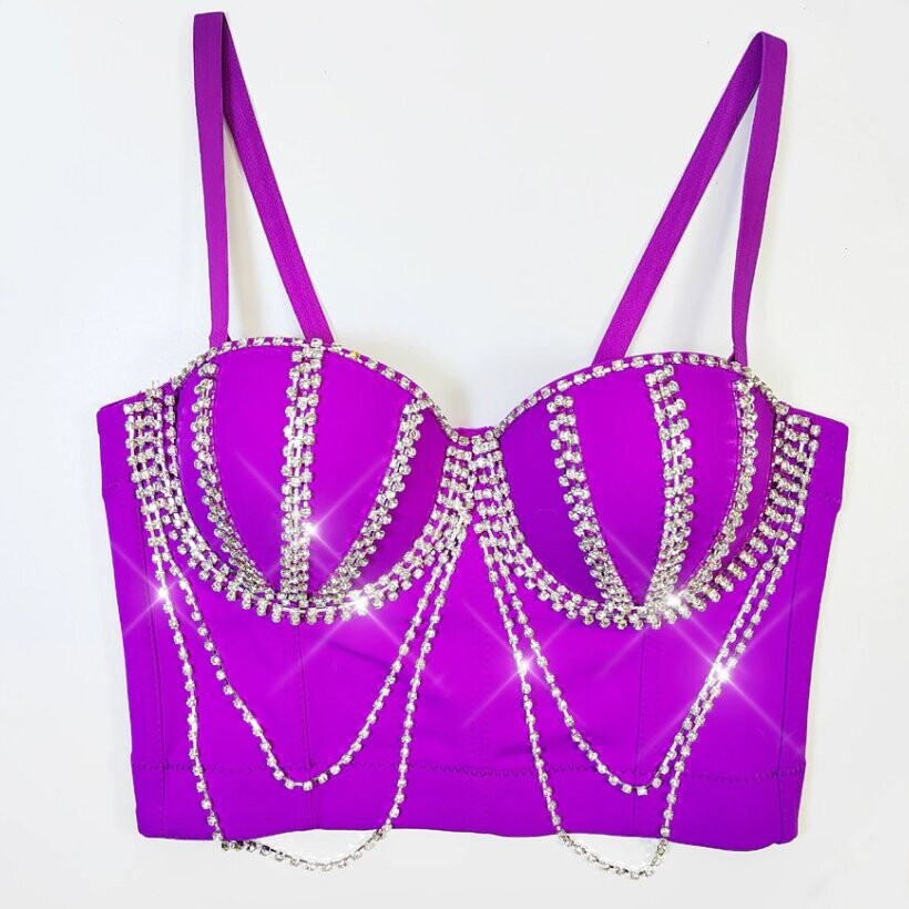 Swarovski Crystal Rhinestone Bling Dark Pink Bustier Top