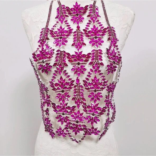 Swarovski Crystal Rhinestone Bling Floral Halter Top
