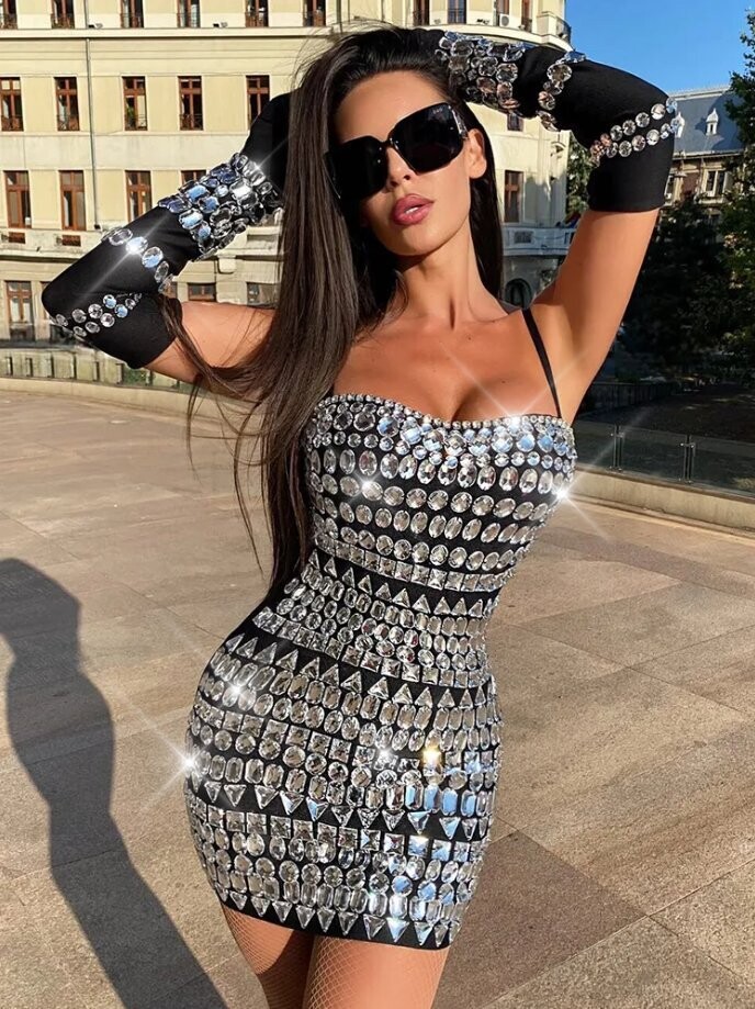 Crystal Rhinestone Bling Little Black Dress