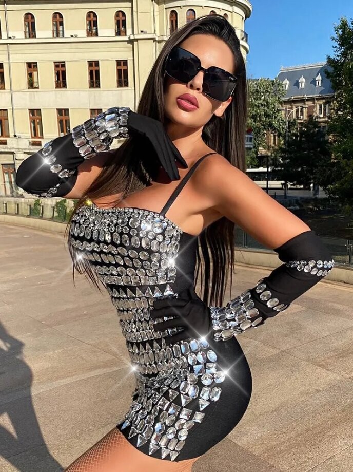 Crystal Rhinestone Bling Little Black Dress