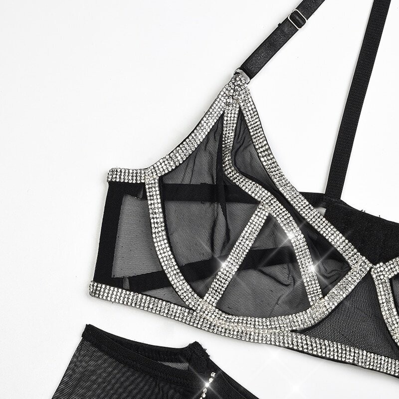 Swarovski Crystal Rhinestone Bling Lingerie Set: Black