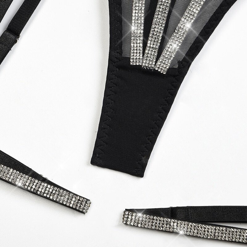 Swarovski Crystal Rhinestone Bling Lingerie Set: Black