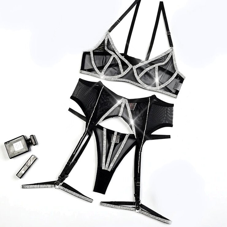 Swarovski Crystal Rhinestone Bling Lingerie Set: Black