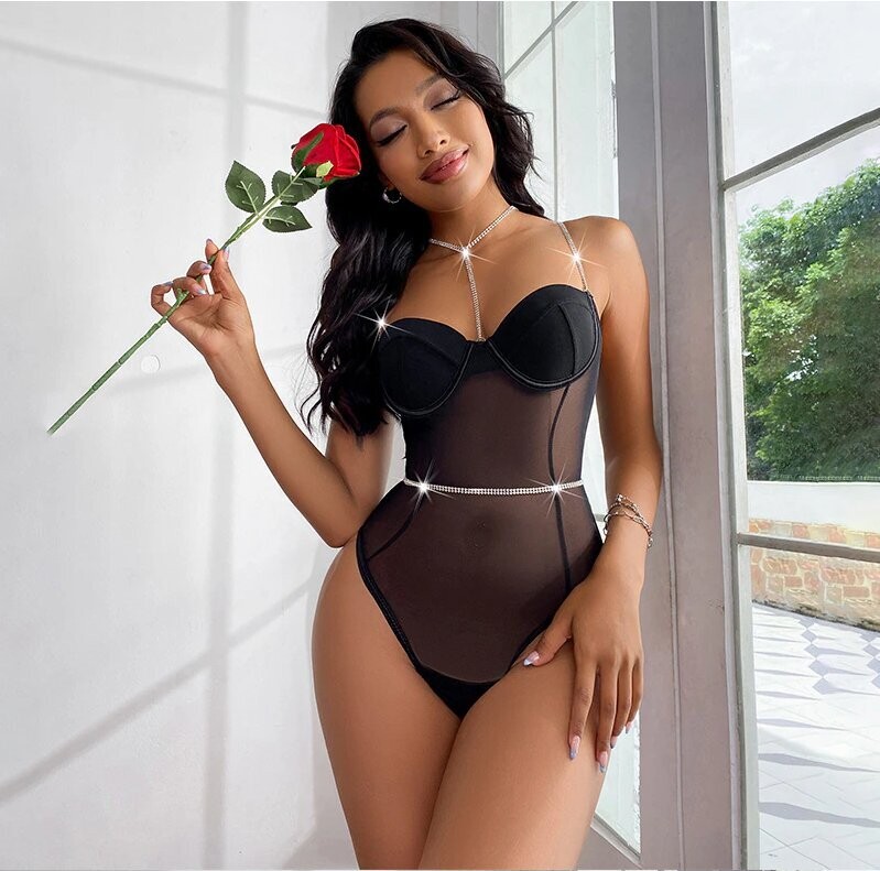 Swarovski Crystal Rhinestone Bling Lingerie Bodysuit: Black