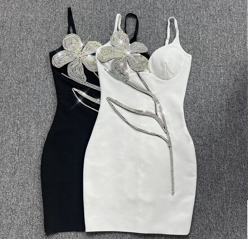 Swarovski Crystal Rhinestone Bling Floral Little Black Dress FREE Necklace