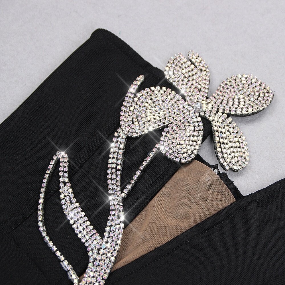 Swarovski Crystal Rhinestone Bling Floral Little Black Dress