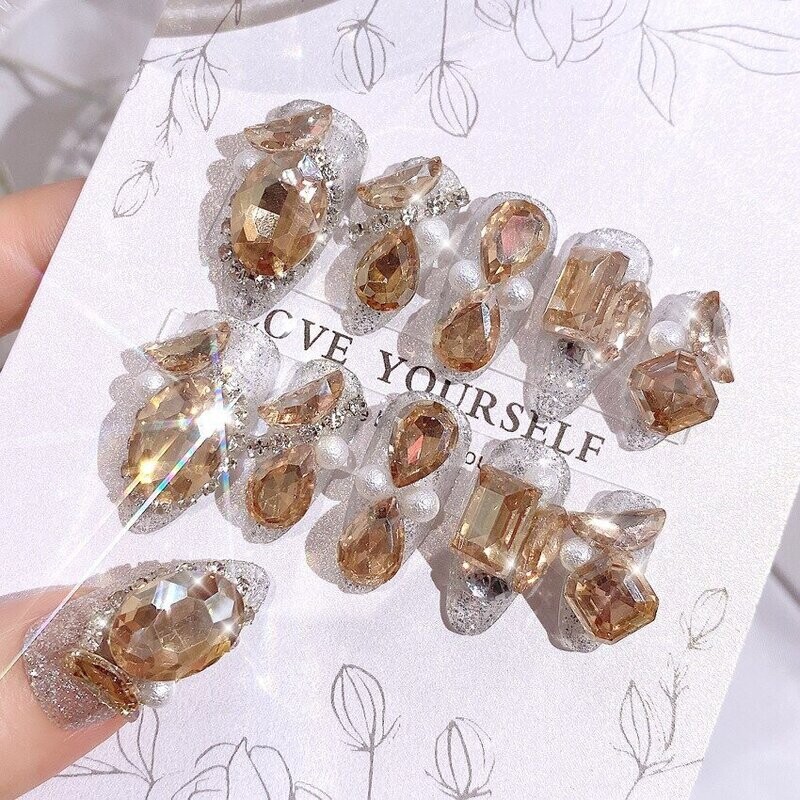 Swarovski Crystal Rhinestone Bling Nail Tips: Gold Champagne