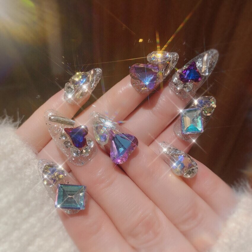 Swarovski Crystal Rhinestone Bling Nail Tips: Colored Hearts