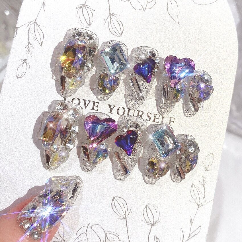 Swarovski Crystal Rhinestone Bling Nail Tips: Colored Hearts