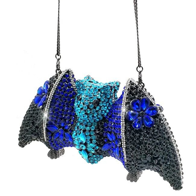 Swarovski  Crystal Rhinestone Bling Bat Handbag Purse: Black Blue