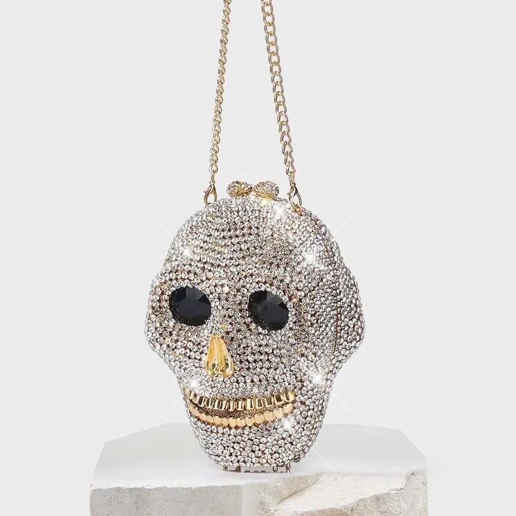 Swarovski  Crystal Rhinestone Bling Skull Handbag Purse Black Stripes