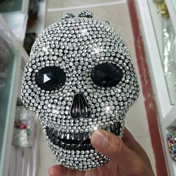 Swarovski  Crystal Rhinestone Bling Skull Handbag Purse Black Stripes